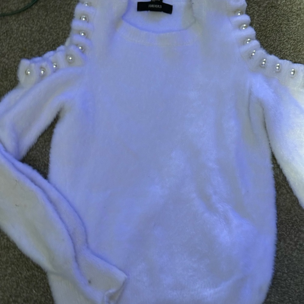 Forever 21 White Off-the-Shoulder Sweater with Pearl Details
